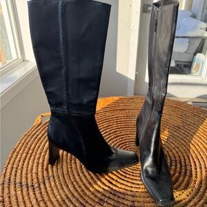 Probe Sleek Black Heeled Boots with Knee High Design and Pointed Toe